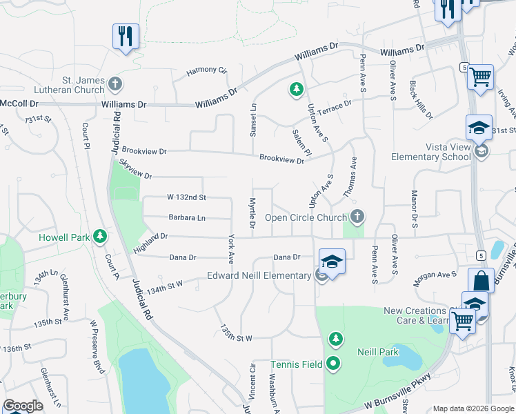 map of restaurants, bars, coffee shops, grocery stores, and more near 13212 Myrtle Drive in Burnsville