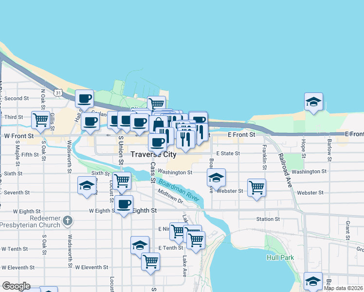 map of restaurants, bars, coffee shops, grocery stores, and more near 255-299 East State Street in Traverse City