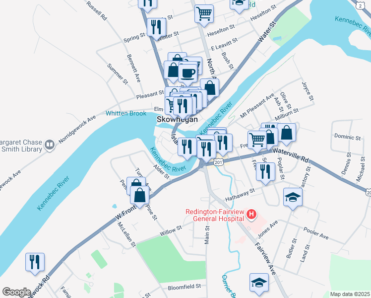 map of restaurants, bars, coffee shops, grocery stores, and more near Island Avenue in Skowhegan