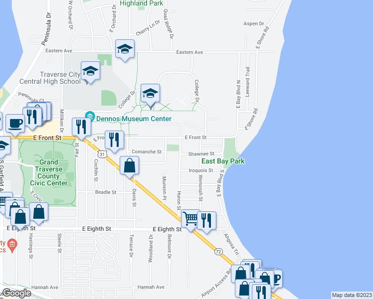 map of restaurants, bars, coffee shops, grocery stores, and more near 1909 Shawnee Street in Traverse City