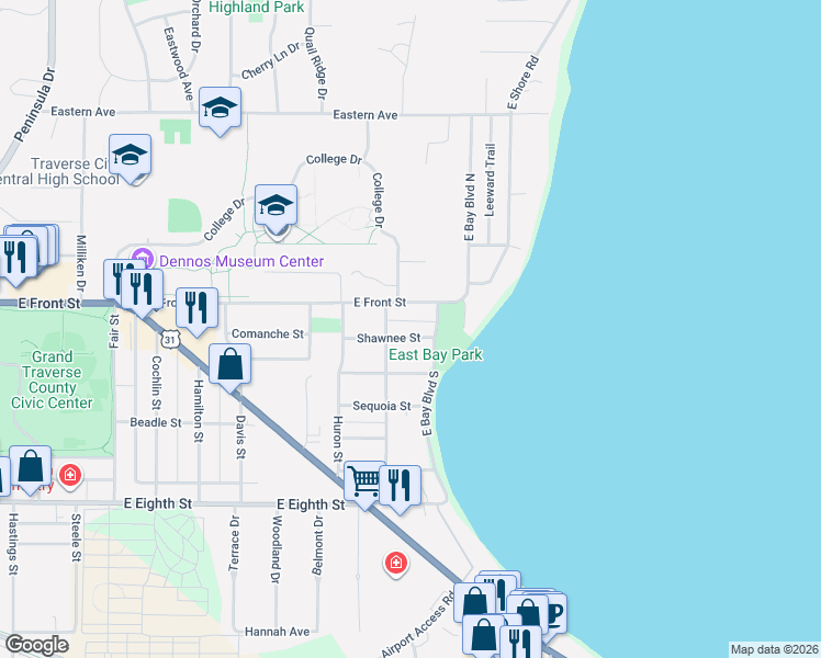 map of restaurants, bars, coffee shops, grocery stores, and more near 200-298 East Bay Boulevard South in Traverse City
