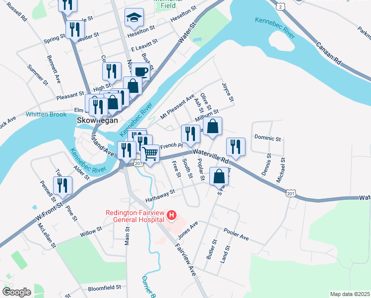 map of restaurants, bars, coffee shops, grocery stores, and more near 47 Waterville Road in Skowhegan