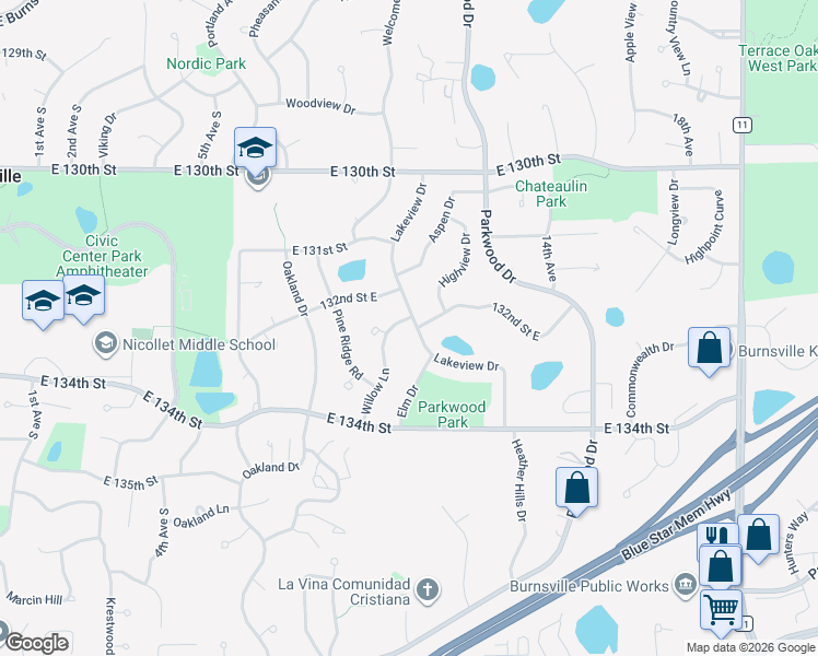 map of restaurants, bars, coffee shops, grocery stores, and more near 13224 Lakeview Drive in Burnsville
