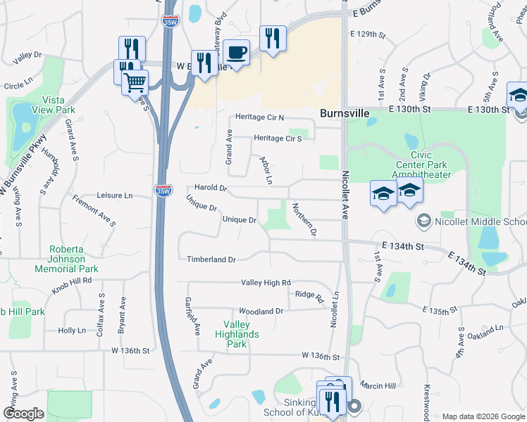 map of restaurants, bars, coffee shops, grocery stores, and more near 205 Harold Drive in Burnsville
