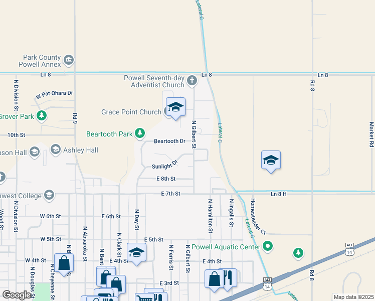 map of restaurants, bars, coffee shops, grocery stores, and more near 912-952 Road 8 1/2 in Powell