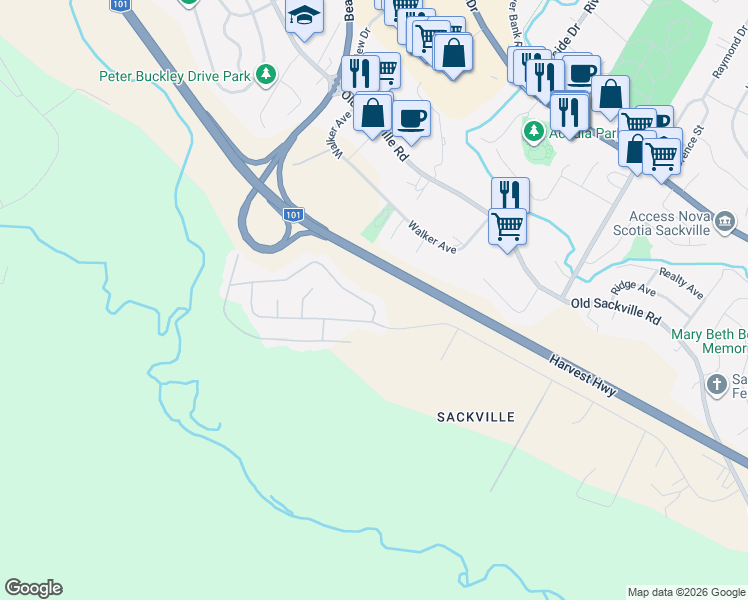 map of restaurants, bars, coffee shops, grocery stores, and more near 109 Hilltop Drive in Lower Sackville