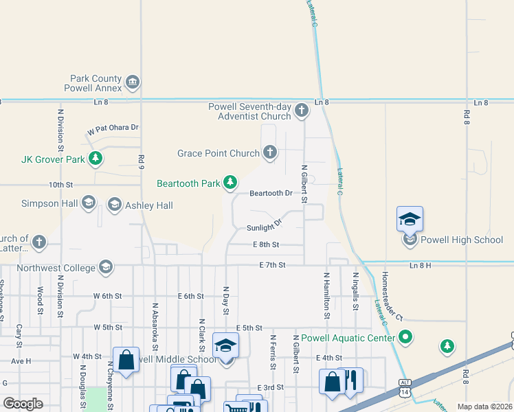 map of restaurants, bars, coffee shops, grocery stores, and more near 936 Sylvan Court in Powell