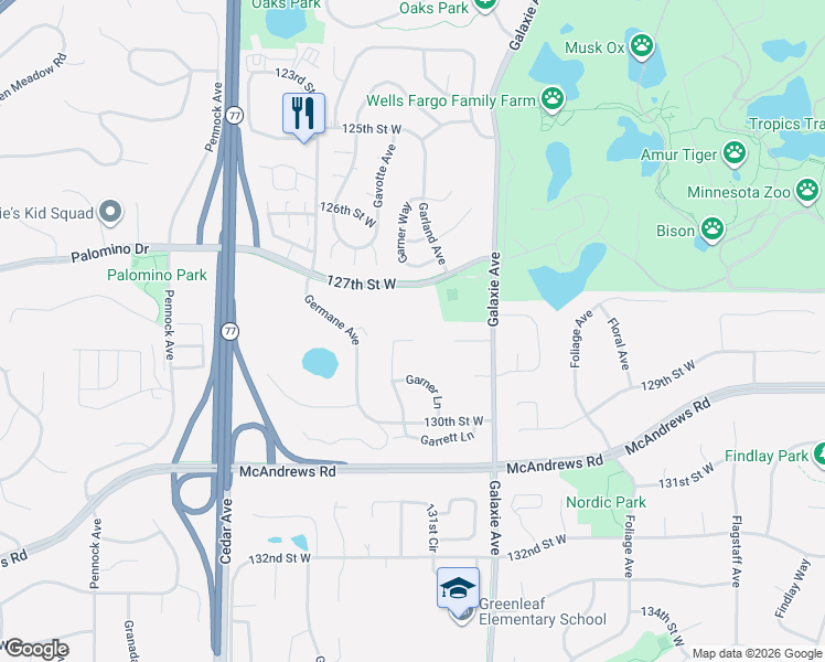 map of restaurants, bars, coffee shops, grocery stores, and more near 12800 Garrett Court in Apple Valley