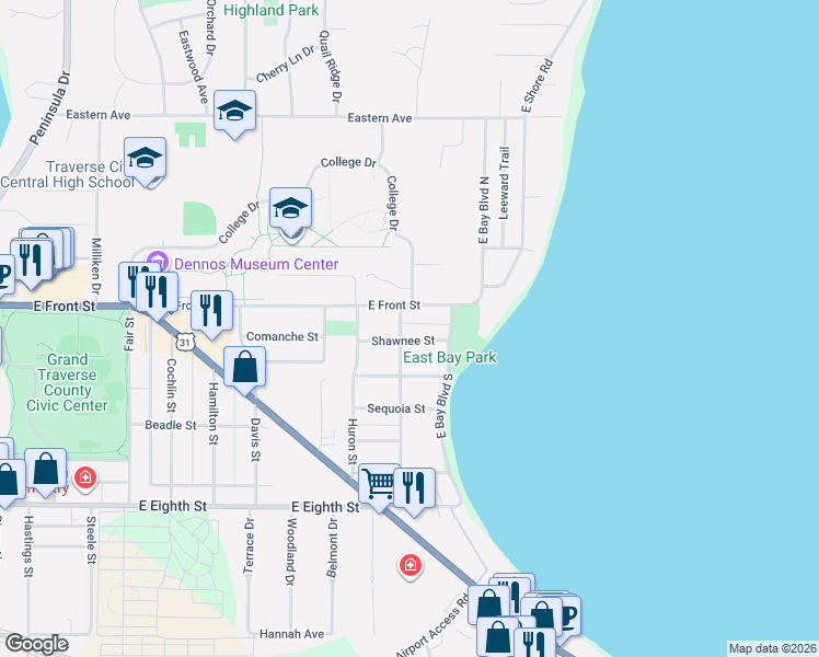 map of restaurants, bars, coffee shops, grocery stores, and more near 203 Wenonah Street in Traverse City