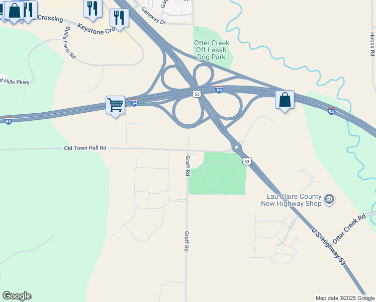 map of restaurants, bars, coffee shops, grocery stores, and more near 4876 Graff Road in Eau Claire