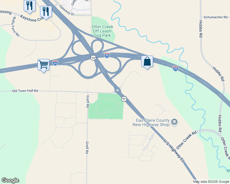 map of restaurants, bars, coffee shops, grocery stores, and more near 5750 Old Town Hall Road in Eau Claire