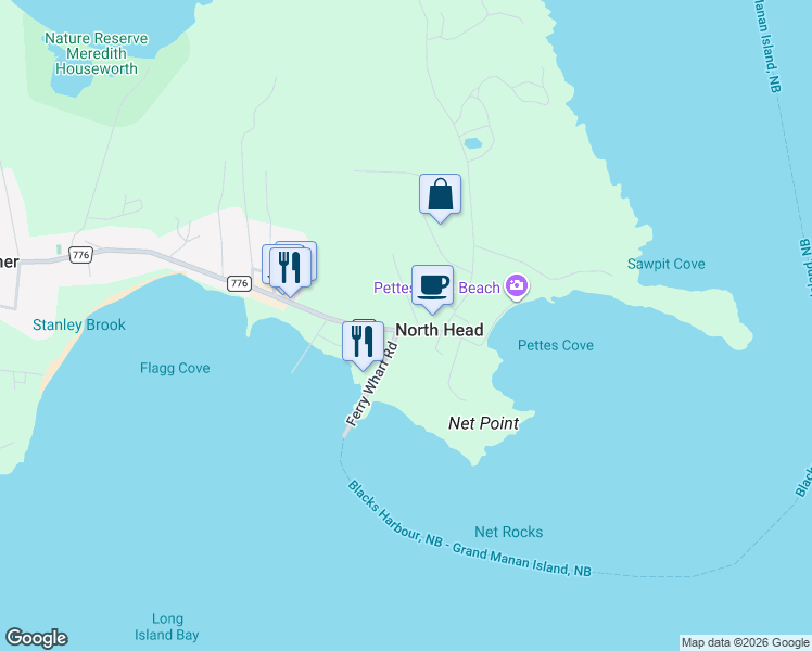 map of restaurants, bars, coffee shops, grocery stores, and more near 11 Ferry Wharf Road in Grand Manan