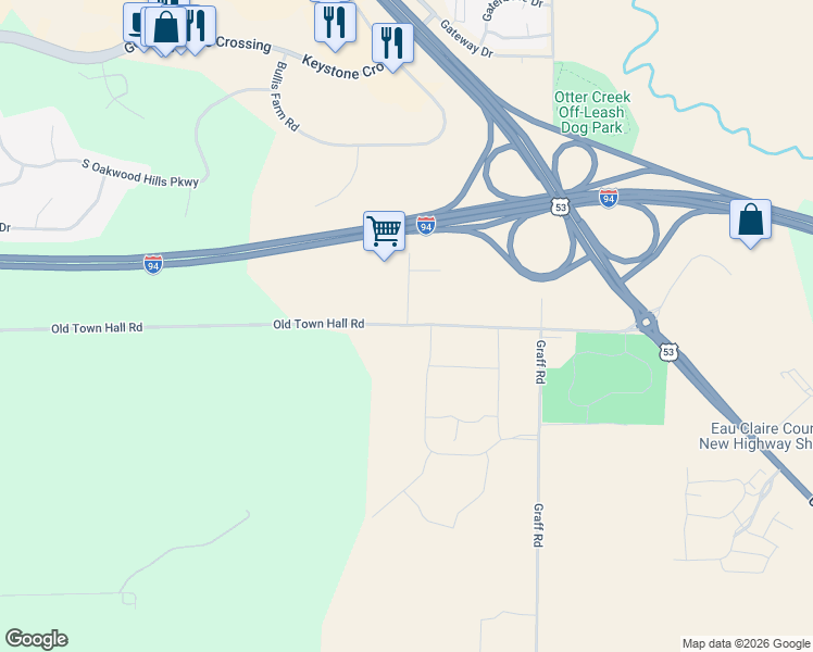 map of restaurants, bars, coffee shops, grocery stores, and more near 5399 Old Town Hall Road in Eau Claire