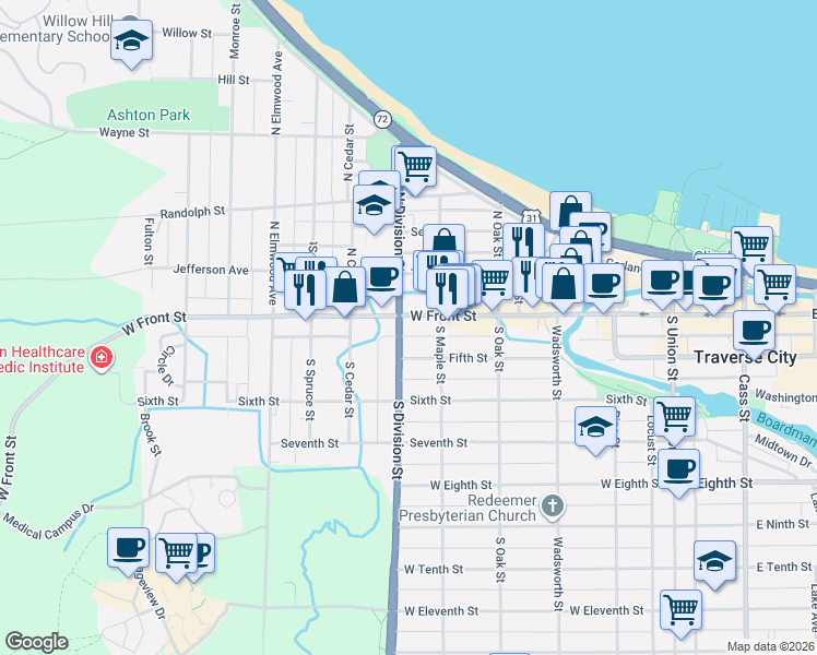 map of restaurants, bars, coffee shops, grocery stores, and more near 636 5th Street in Traverse City