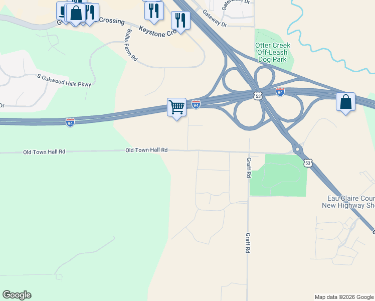 map of restaurants, bars, coffee shops, grocery stores, and more near 5200 Old Town Hall Road in Eau Claire