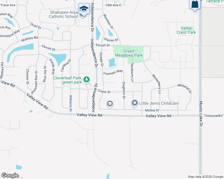 map of restaurants, bars, coffee shops, grocery stores, and more near 2999 Crane Street in Shakopee