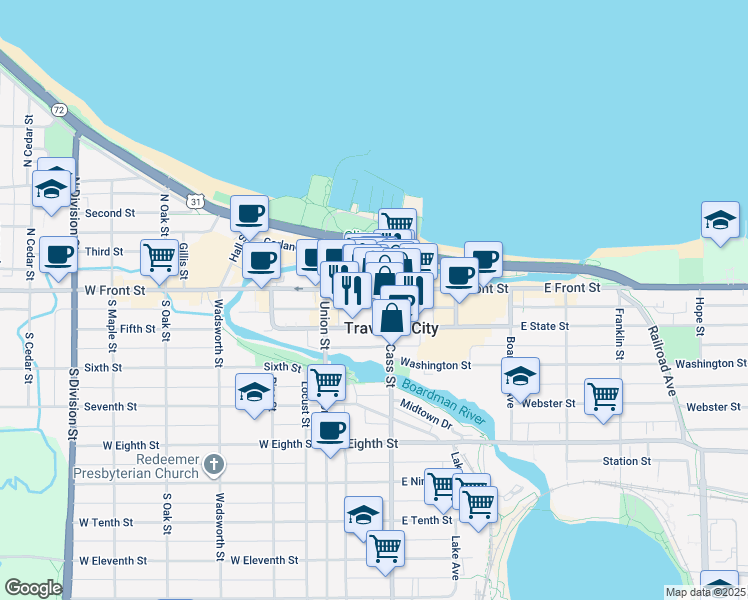 map of restaurants, bars, coffee shops, grocery stores, and more near 148 East Front Street in Traverse City