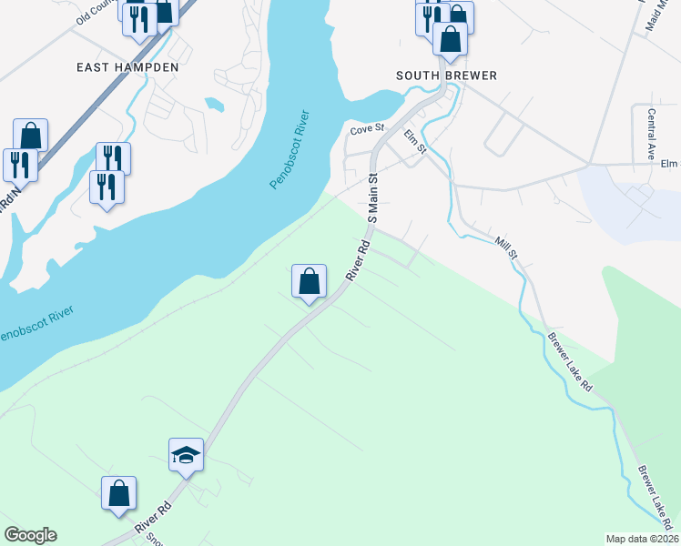 map of restaurants, bars, coffee shops, grocery stores, and more near 19 River Road in Orrington