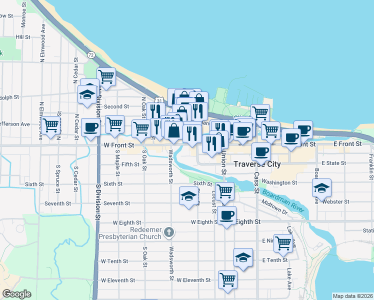 map of restaurants, bars, coffee shops, grocery stores, and more near 205 Garland St in Traverse City