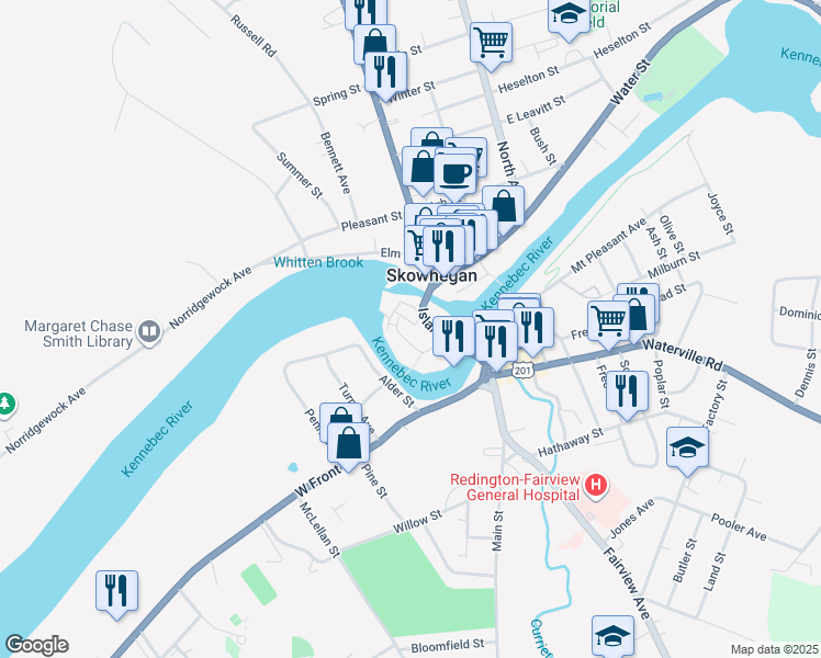 map of restaurants, bars, coffee shops, grocery stores, and more near 9 Island Avenue in Skowhegan