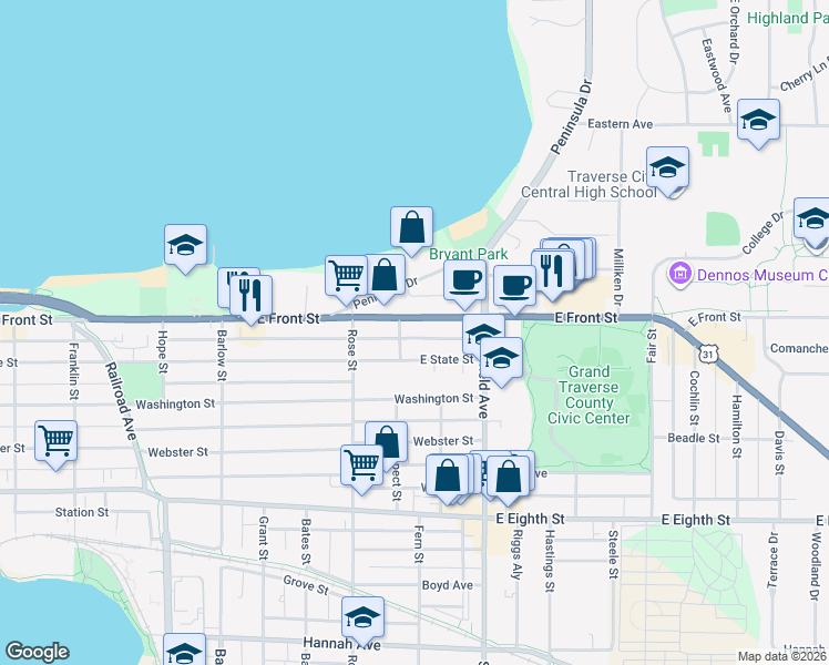 map of restaurants, bars, coffee shops, grocery stores, and more near 1025 East Front Street in Traverse City