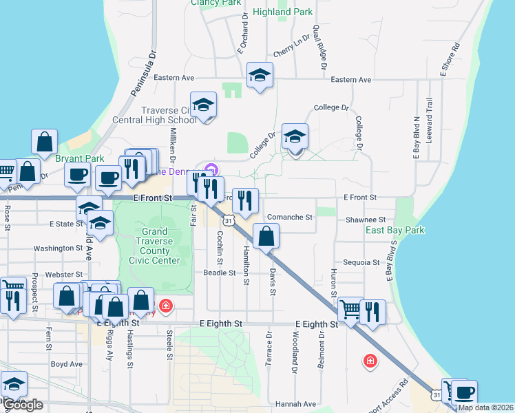 map of restaurants, bars, coffee shops, grocery stores, and more near 1560 East Front Street in Traverse City