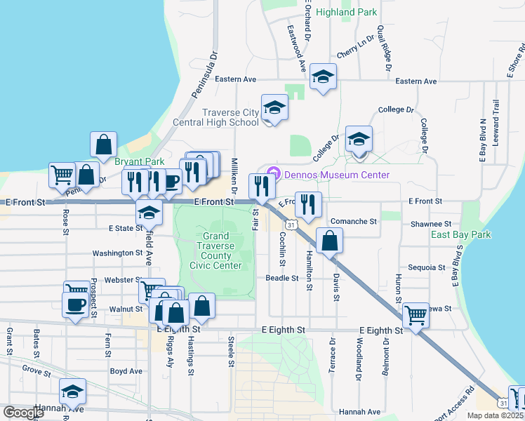 map of restaurants, bars, coffee shops, grocery stores, and more near 1410 College Drive in Traverse City