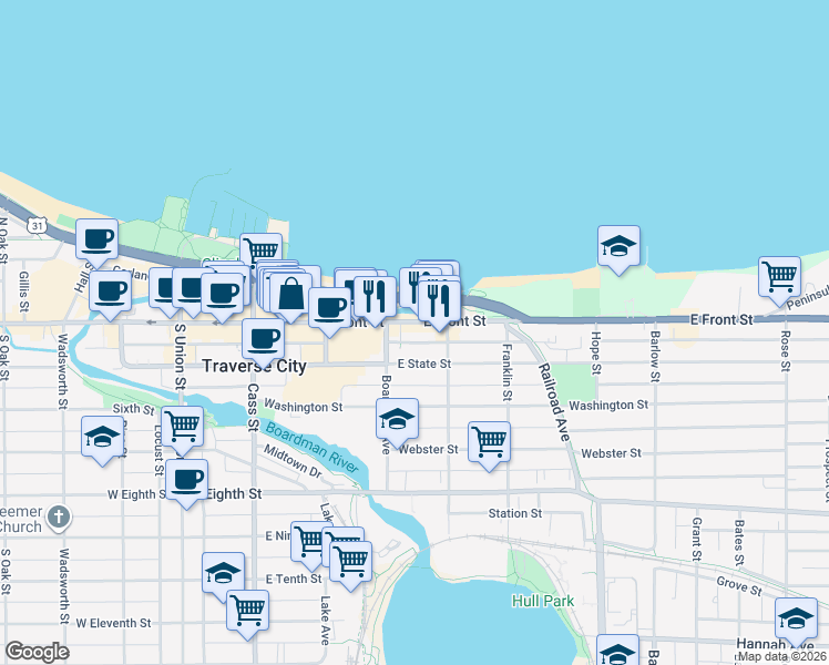 map of restaurants, bars, coffee shops, grocery stores, and more near 398 East Front Street in Traverse City