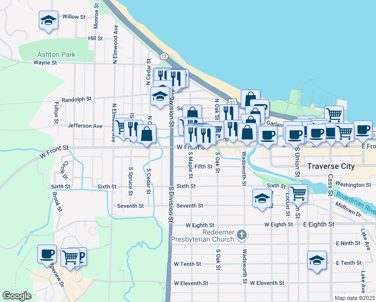 map of restaurants, bars, coffee shops, grocery stores, and more near 141 North Maple Street in Traverse City