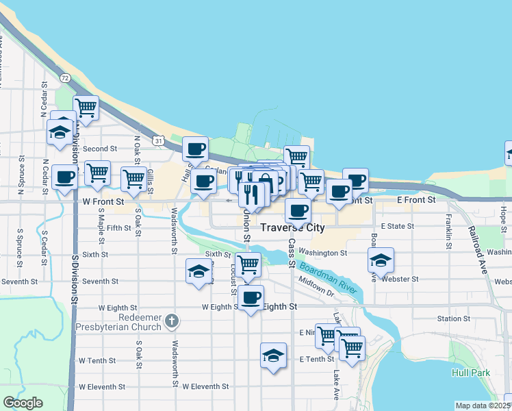 map of restaurants, bars, coffee shops, grocery stores, and more near 106 East Front Street in Traverse City