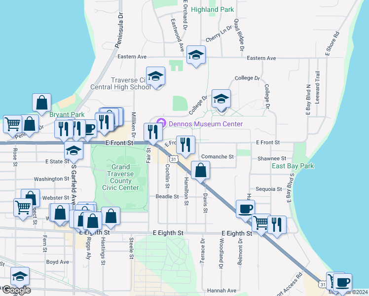 map of restaurants, bars, coffee shops, grocery stores, and more near 1560 East Front Street in Traverse City
