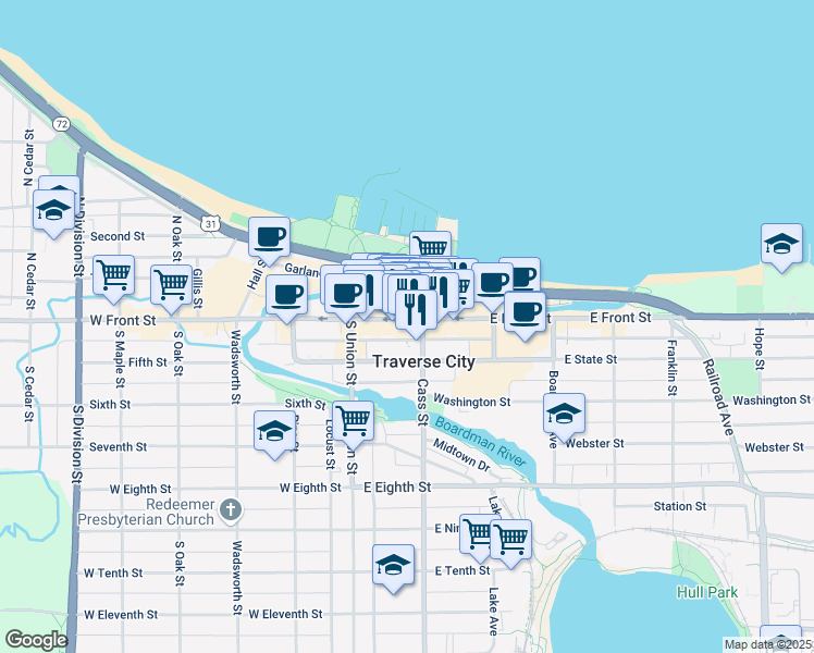 map of restaurants, bars, coffee shops, grocery stores, and more near 151 East Front Street in Traverse City