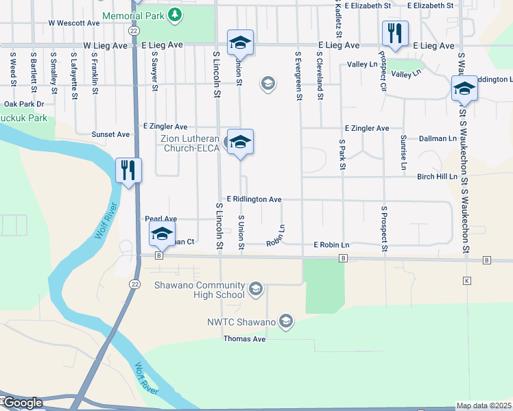 map of restaurants, bars, coffee shops, grocery stores, and more near 1339 South Union Street in Shawano