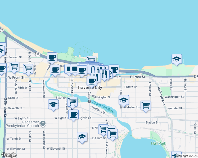 map of restaurants, bars, coffee shops, grocery stores, and more near 202 East Grandview Parkway in Traverse City