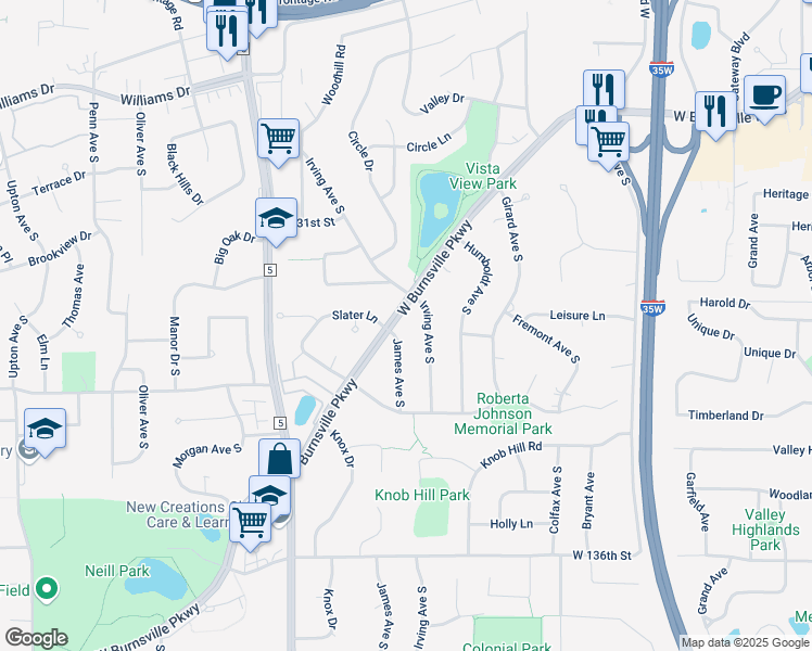 map of restaurants, bars, coffee shops, grocery stores, and more near in Burnsville