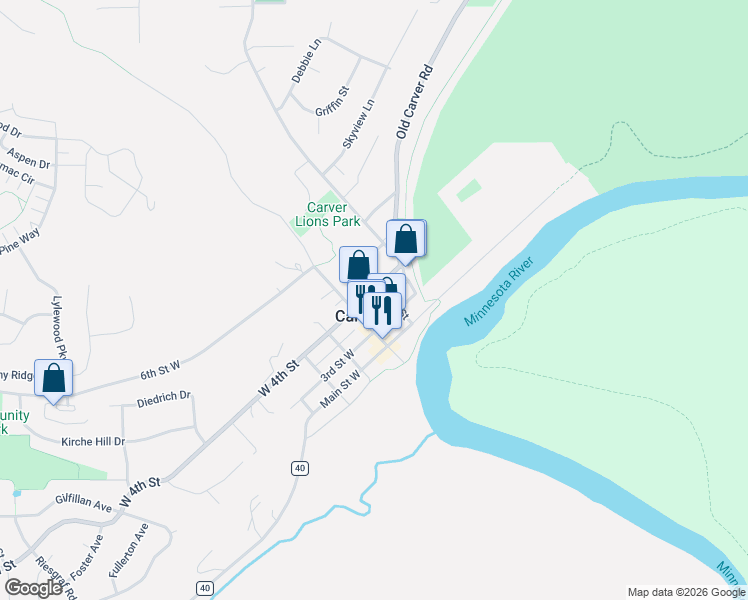 map of restaurants, bars, coffee shops, grocery stores, and more near 113 4th Street East in Carver