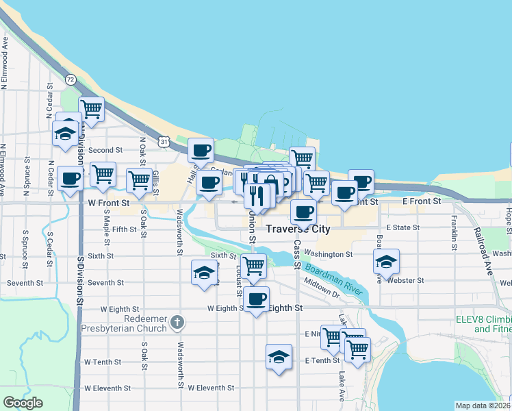 map of restaurants, bars, coffee shops, grocery stores, and more near 115 East Front Street in Traverse City