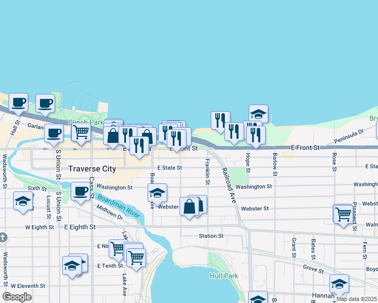 map of restaurants, bars, coffee shops, grocery stores, and more near E Grandview Pkwy in Traverse City