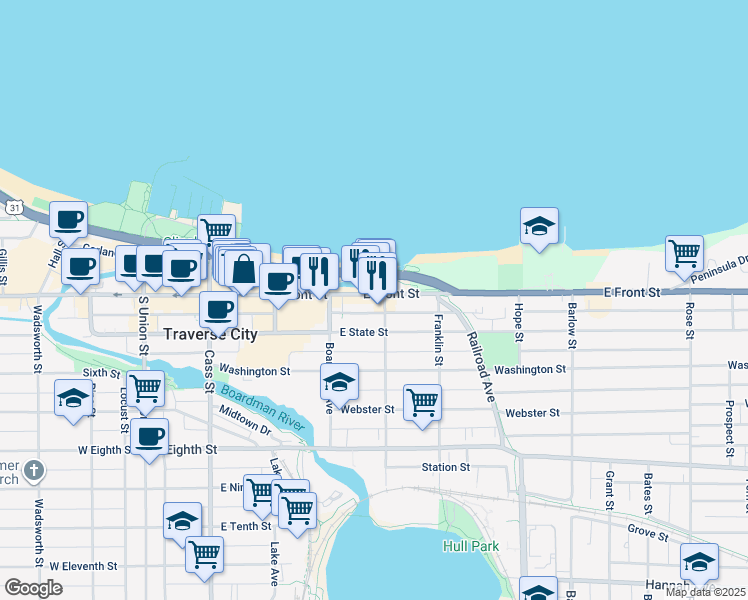 map of restaurants, bars, coffee shops, grocery stores, and more near 100-146 Wellington Street in Traverse City