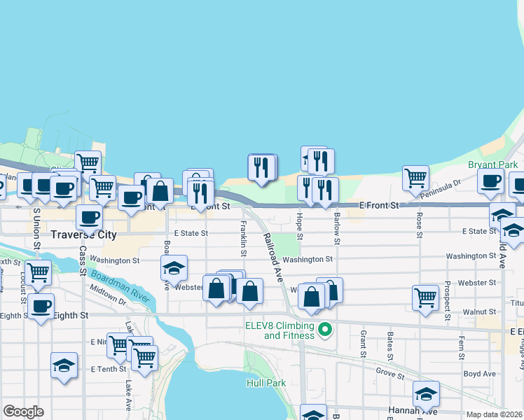 map of restaurants, bars, coffee shops, grocery stores, and more near 715 East State Street in Traverse City