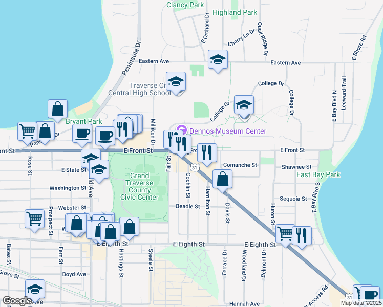 map of restaurants, bars, coffee shops, grocery stores, and more near in Traverse City