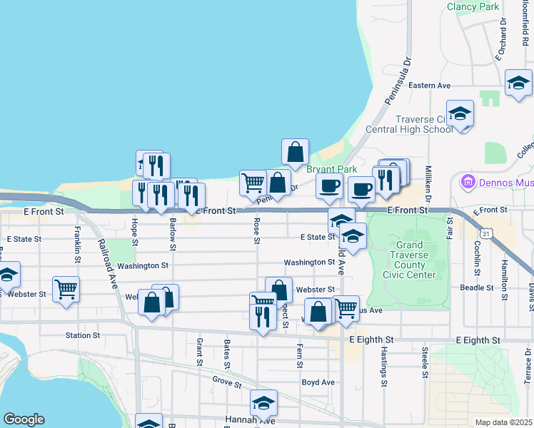 map of restaurants, bars, coffee shops, grocery stores, and more near 875 East Front Street in Traverse City