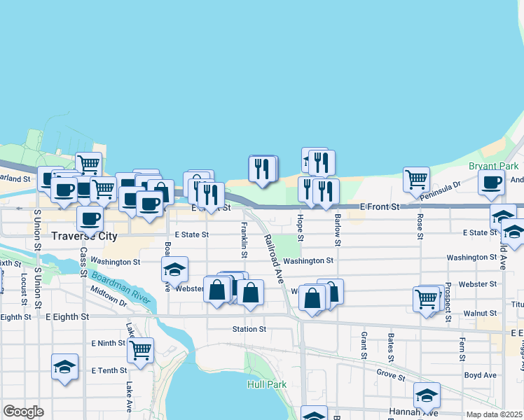 map of restaurants, bars, coffee shops, grocery stores, and more near 615 Michigan 72 in Traverse City