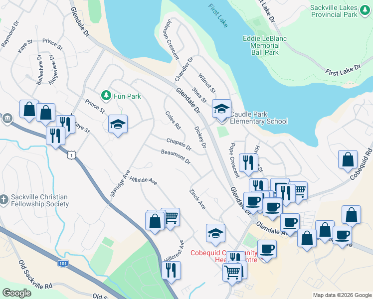 map of restaurants, bars, coffee shops, grocery stores, and more near 45 Chapais Drive in Lower Sackville