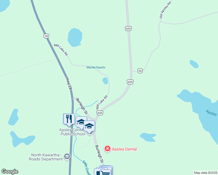 map of restaurants, bars, coffee shops, grocery stores, and more near 71 Mill Lake Road in Apsley