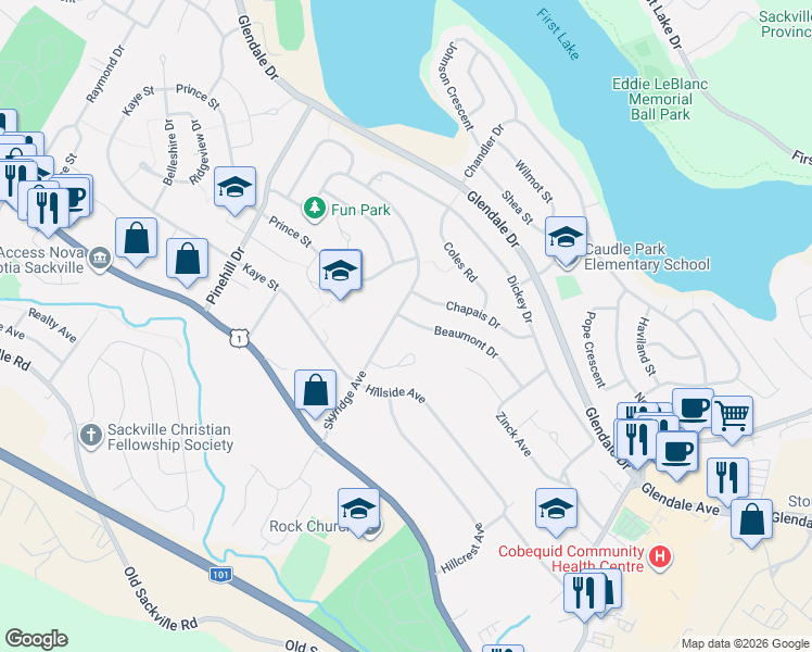 map of restaurants, bars, coffee shops, grocery stores, and more near 88 Beaumont Drive in Lower Sackville