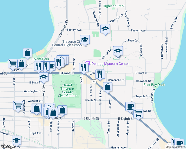 map of restaurants, bars, coffee shops, grocery stores, and more near 121 Munson Avenue in Traverse City