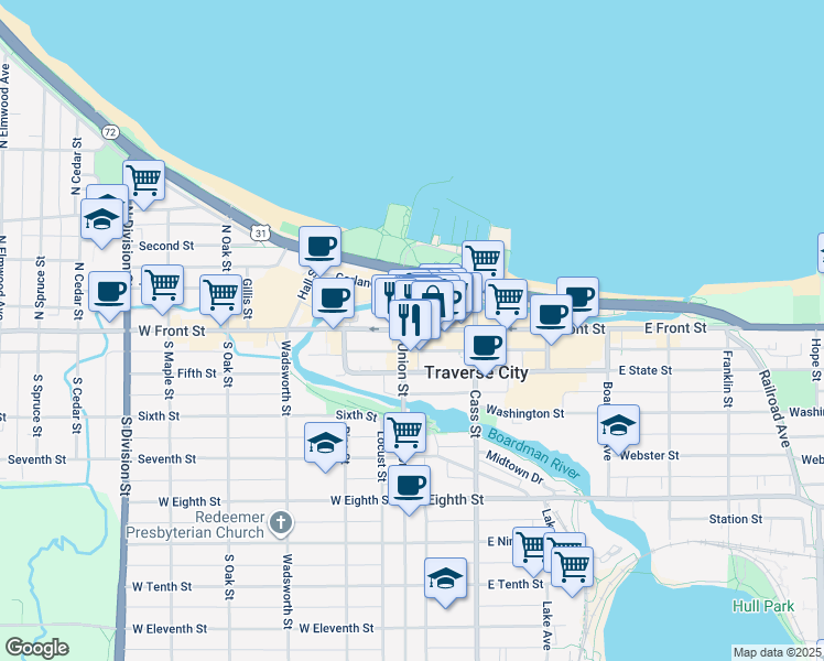 map of restaurants, bars, coffee shops, grocery stores, and more near 106 East Front Street in Traverse City