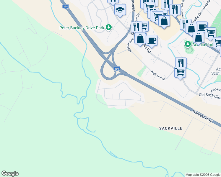 map of restaurants, bars, coffee shops, grocery stores, and more near 168 Hilltop Drive in Lower Sackville