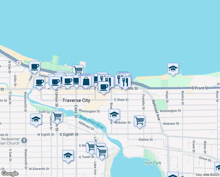 map of restaurants, bars, coffee shops, grocery stores, and more near 398 East Front Street in Traverse City
